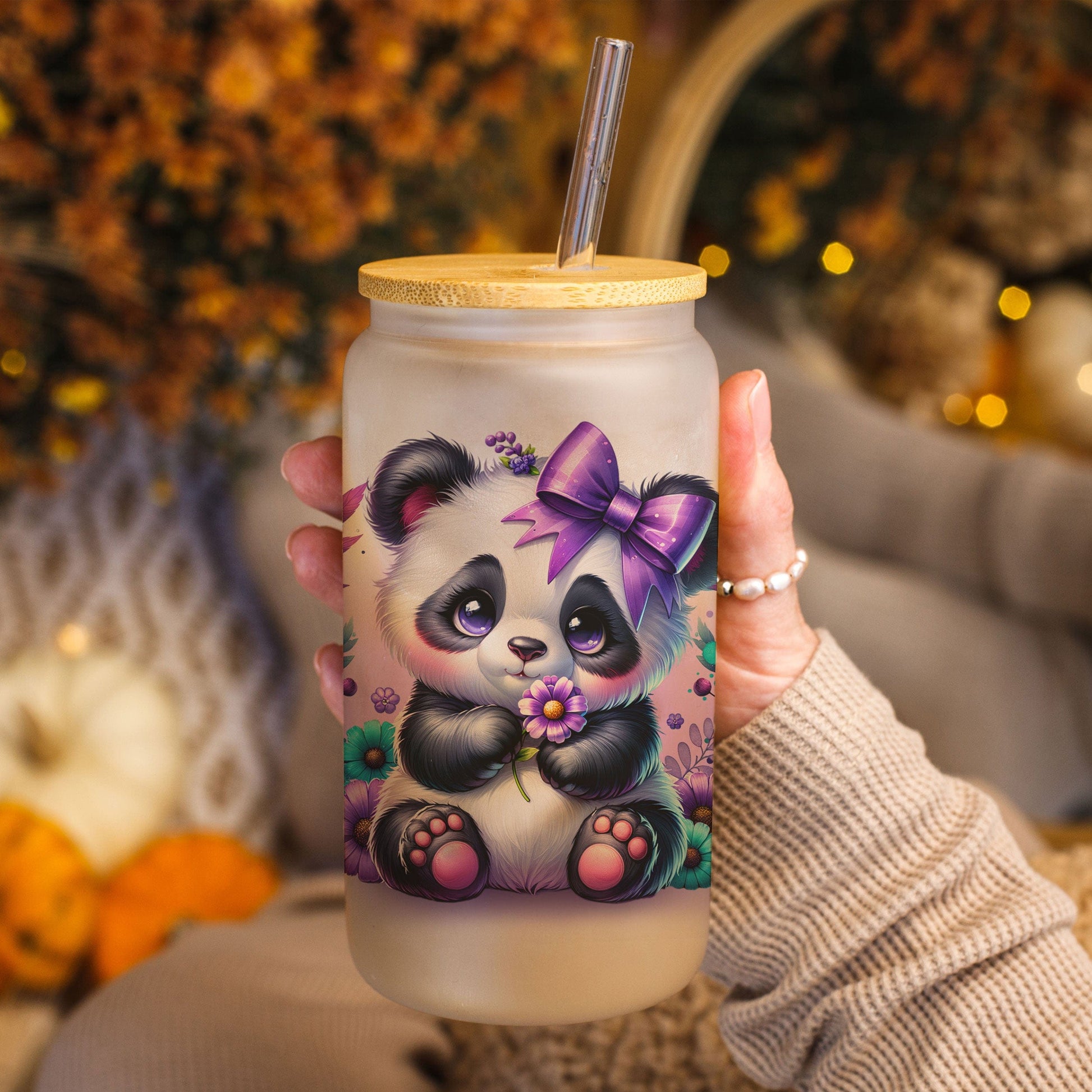 Creasowl Panda Glazen Drinkbeker – 500ml – Met Deksel & Glazen Rietje – Koffiebeker / Smoothiebeker / IJskoffie Glas – Herbruikbare Drinkmok