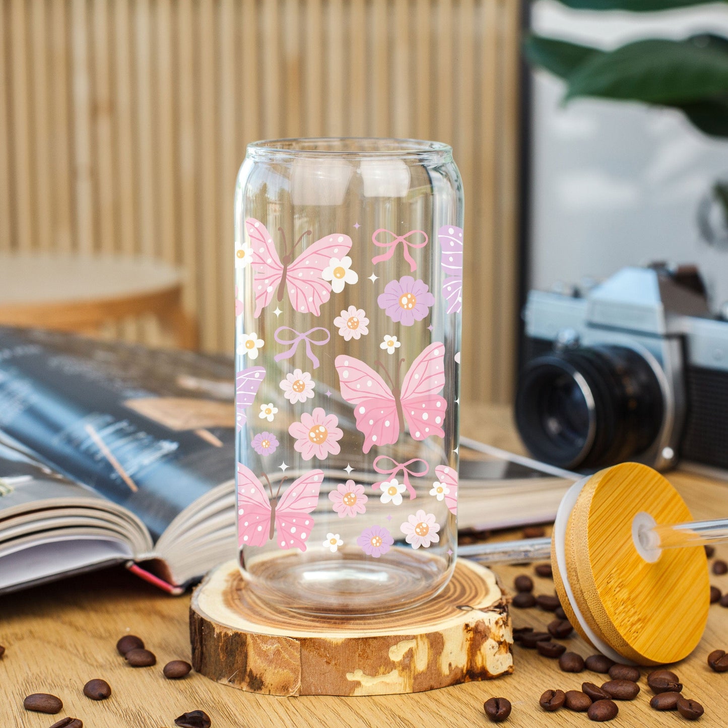 Creasowl Pastel Butterfly Glazen Beker 500ml – Aesthetic Glas met Deksel & Rietje