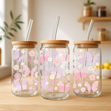 Creasowl Pastel Butterfly Glazen Beker 500ml – Aesthetic Glas met Deksel & Rietje