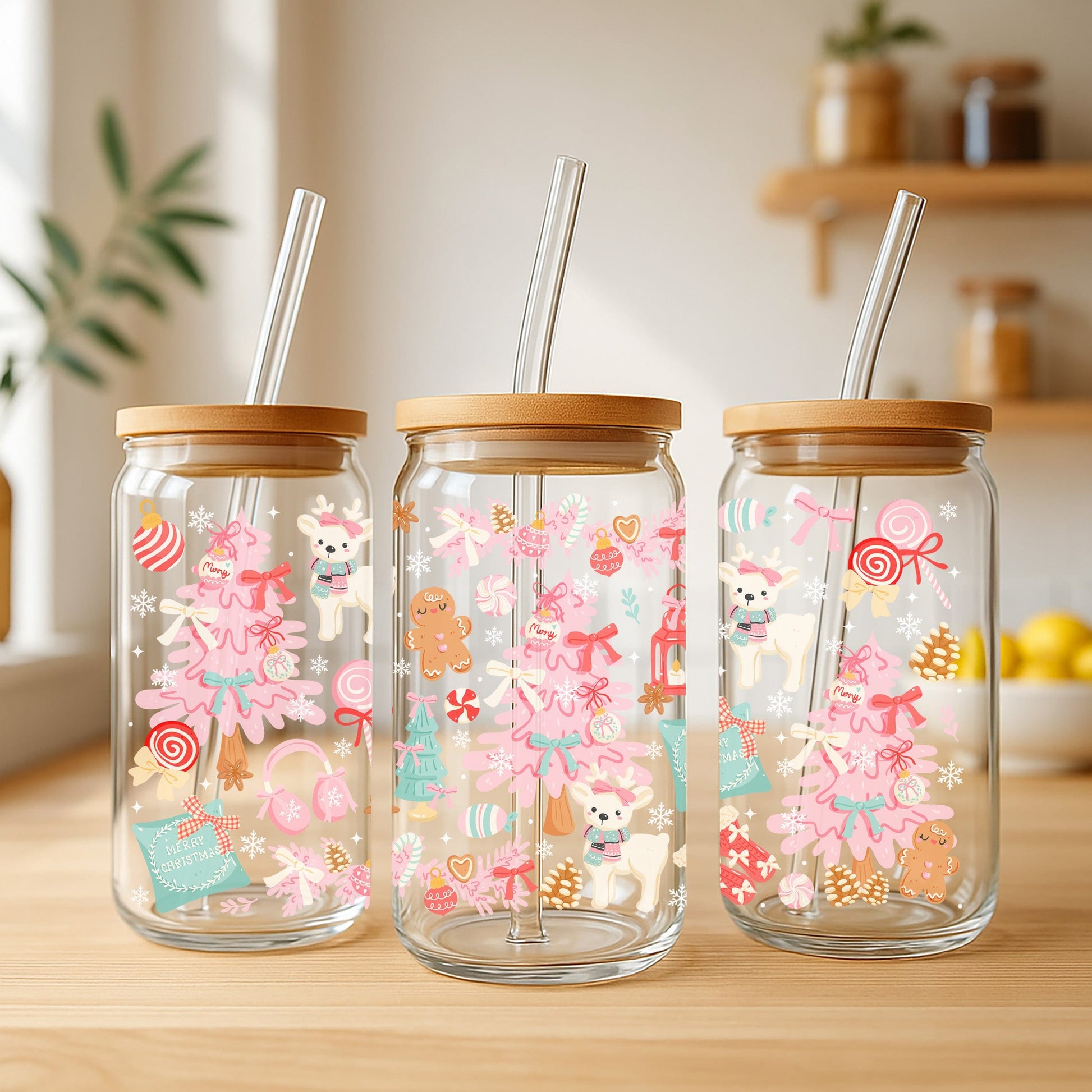 Creasowl Pastel Christmas Glazen Koffiebeker met Deksel en Glazen Rietje – 500ml
