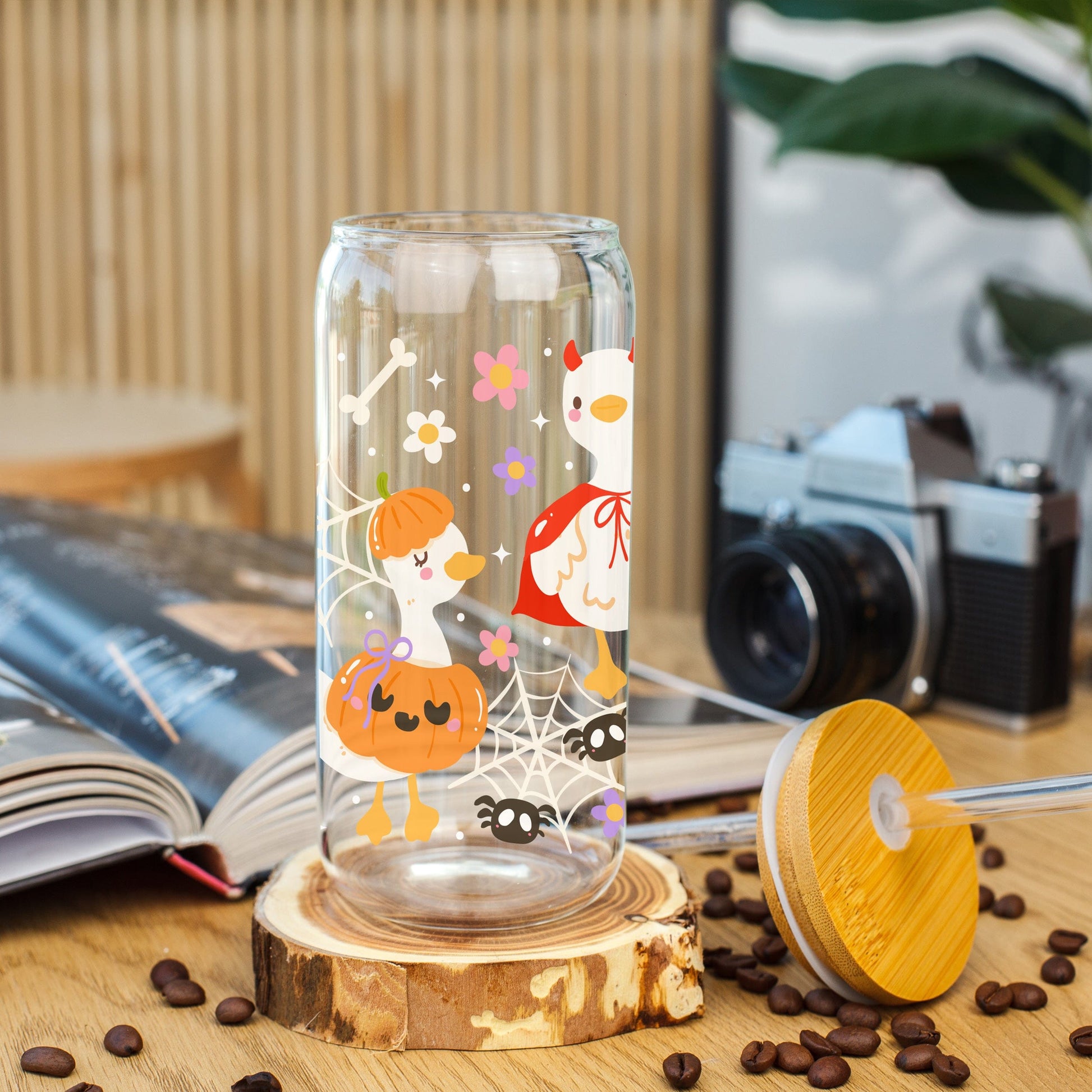 Creasowl Silly Goose Ghost Glazen Beker 500 ml met Deksel & Rietje