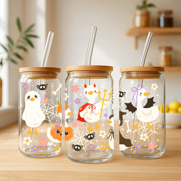 Creasowl Silly Goose Ghost Glazen Beker 500 ml met Deksel & Rietje
