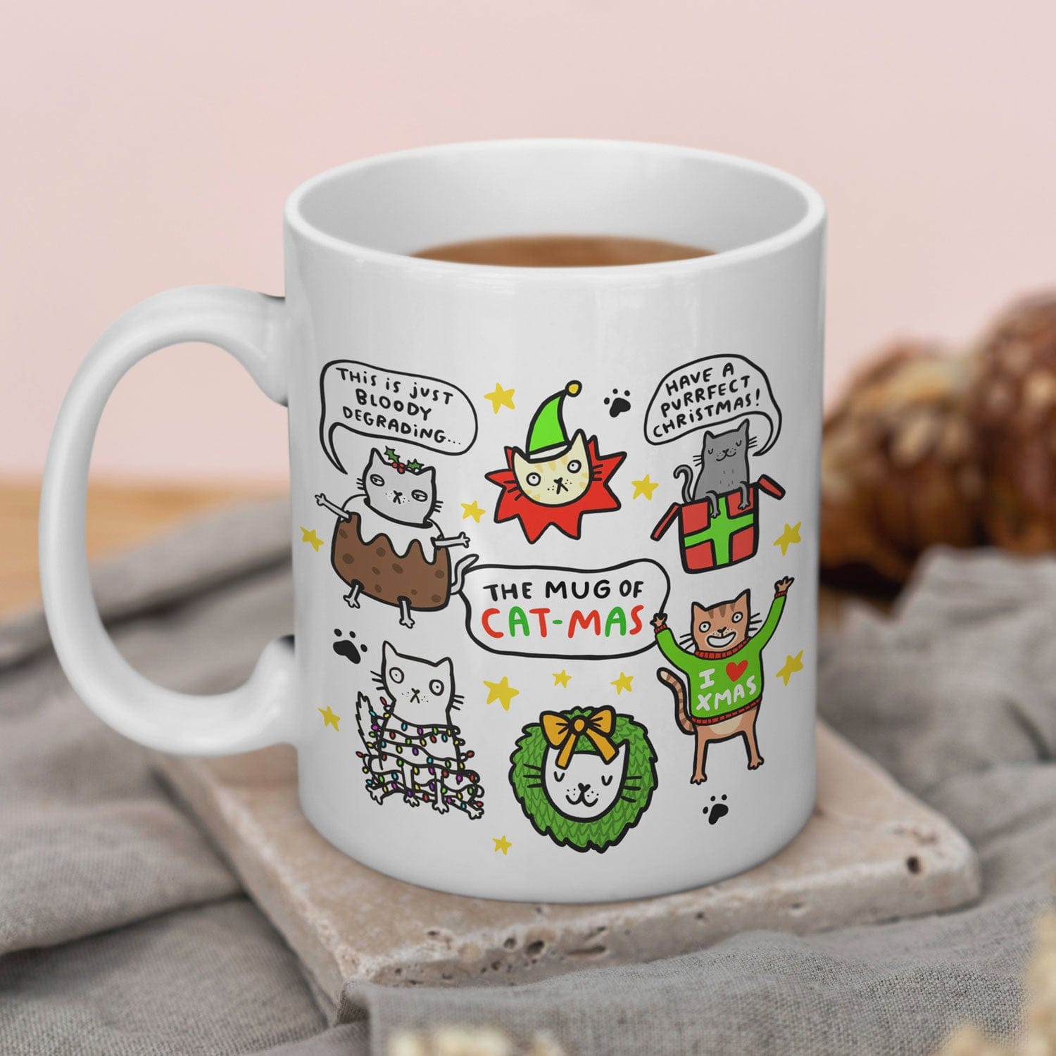 Creasowl The Mug of Cat-mas Mok met Spreukjes 325ml – Keramische Koffiemok met Katten Illustraties