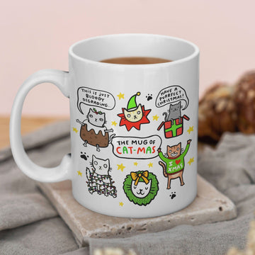 Creasowl The Mug of Cat-mas Mok met Spreukjes 325ml – Keramische Koffiemok met Katten Illustraties