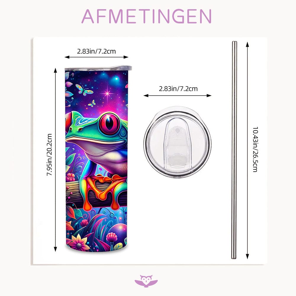 Creasowl Thermosbeker met Kikker Design – Kleurrijke RVS Tumbler 600ml met Rietje