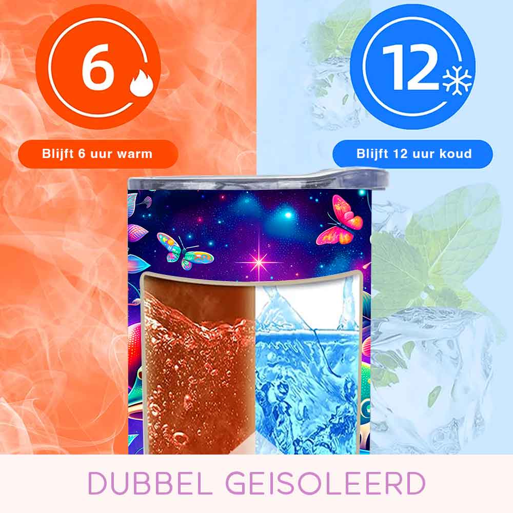 Creasowl Thermosbeker met Kikker Design – Kleurrijke RVS Tumbler 600ml met Rietje