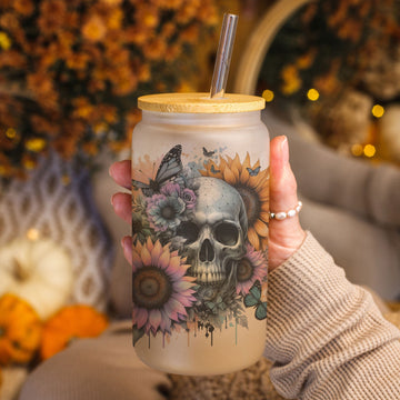 Creasowl Witglazen Skull Drinkbeker met Bloemen – 500ml – Met Deksel & Glazen Rietje – Koffiebeker, Smoothiebeker, IJskoffie Glas – Herbruikbare Drinkmok