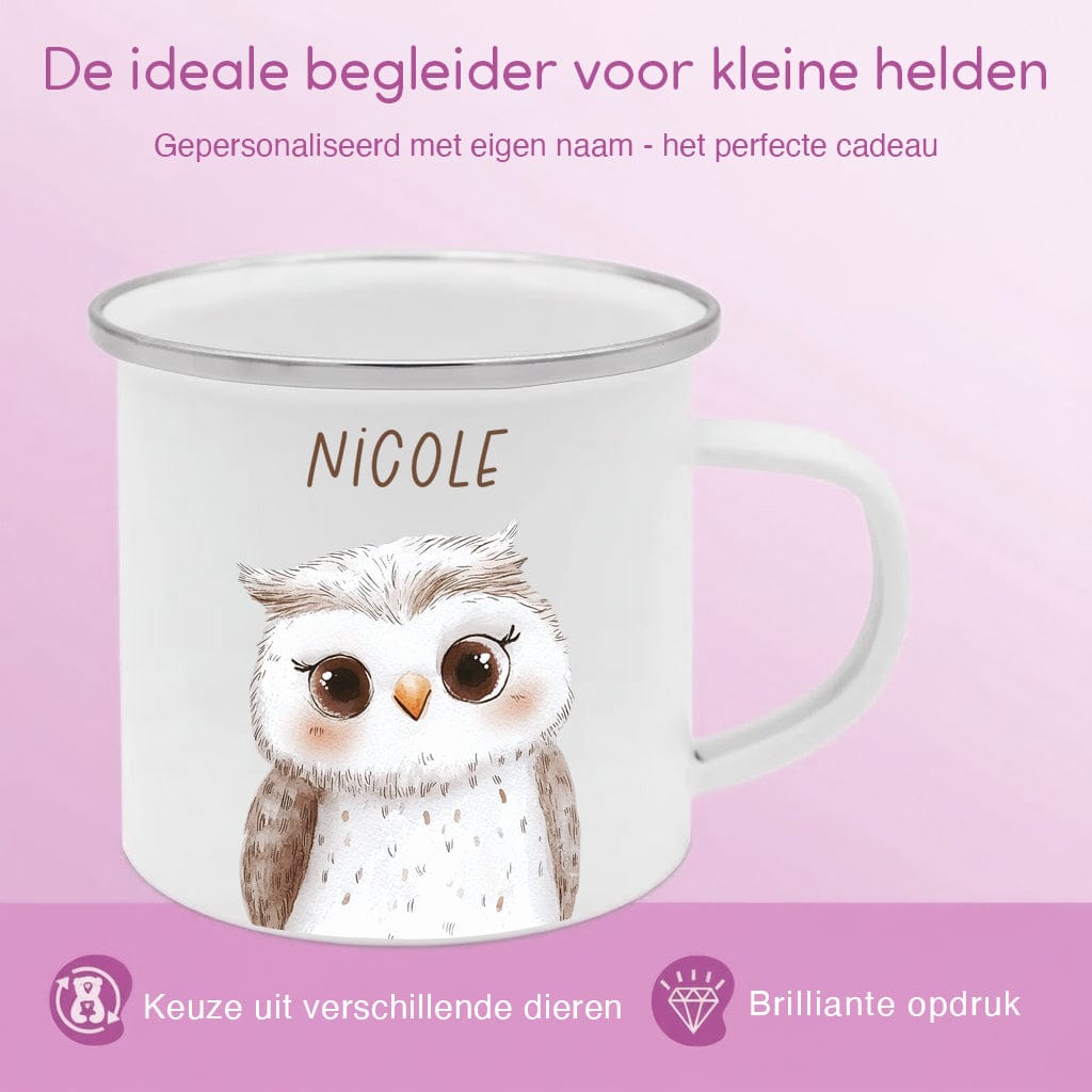 Drinkware Gepersonaliseerde Emaille Mok met Naam Kind – Bosdieren Mok 300ml – Kinder Campingmok met Vos, Beer & Bosdieren