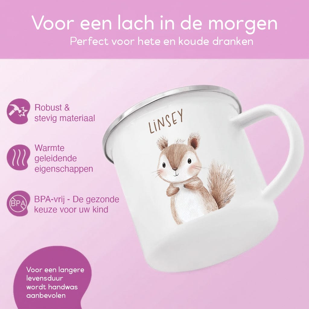 Drinkware Gepersonaliseerde Emaille Mok met Naam Kind – Bosdieren Mok 300ml – Kinder Campingmok met Vos, Beer & Bosdieren
