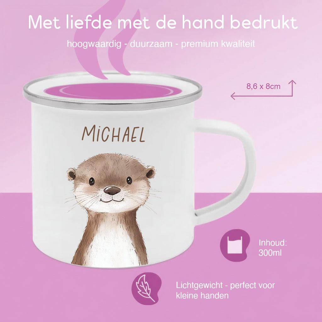 Drinkware Gepersonaliseerde Emaille Mok met Naam Kind – Bosdieren Mok 300ml – Kinder Campingmok met Vos, Beer & Bosdieren