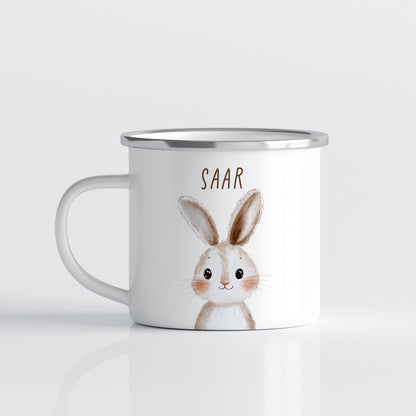 Drinkware Gepersonaliseerde Emaille Mok met Naam Kind – Bosdieren Mok 300ml – Kinder Campingmok met Vos, Beer & Bosdieren