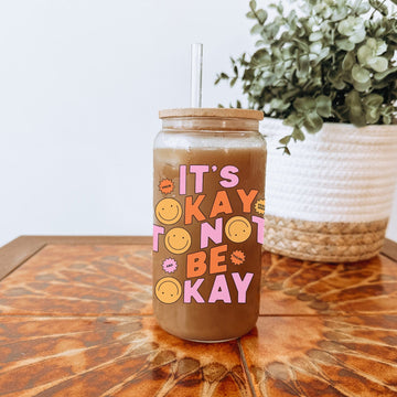 Drinkware It's Okay to not be Okay Glazen Drinkbeker met Glazen Rietje en Deksel
