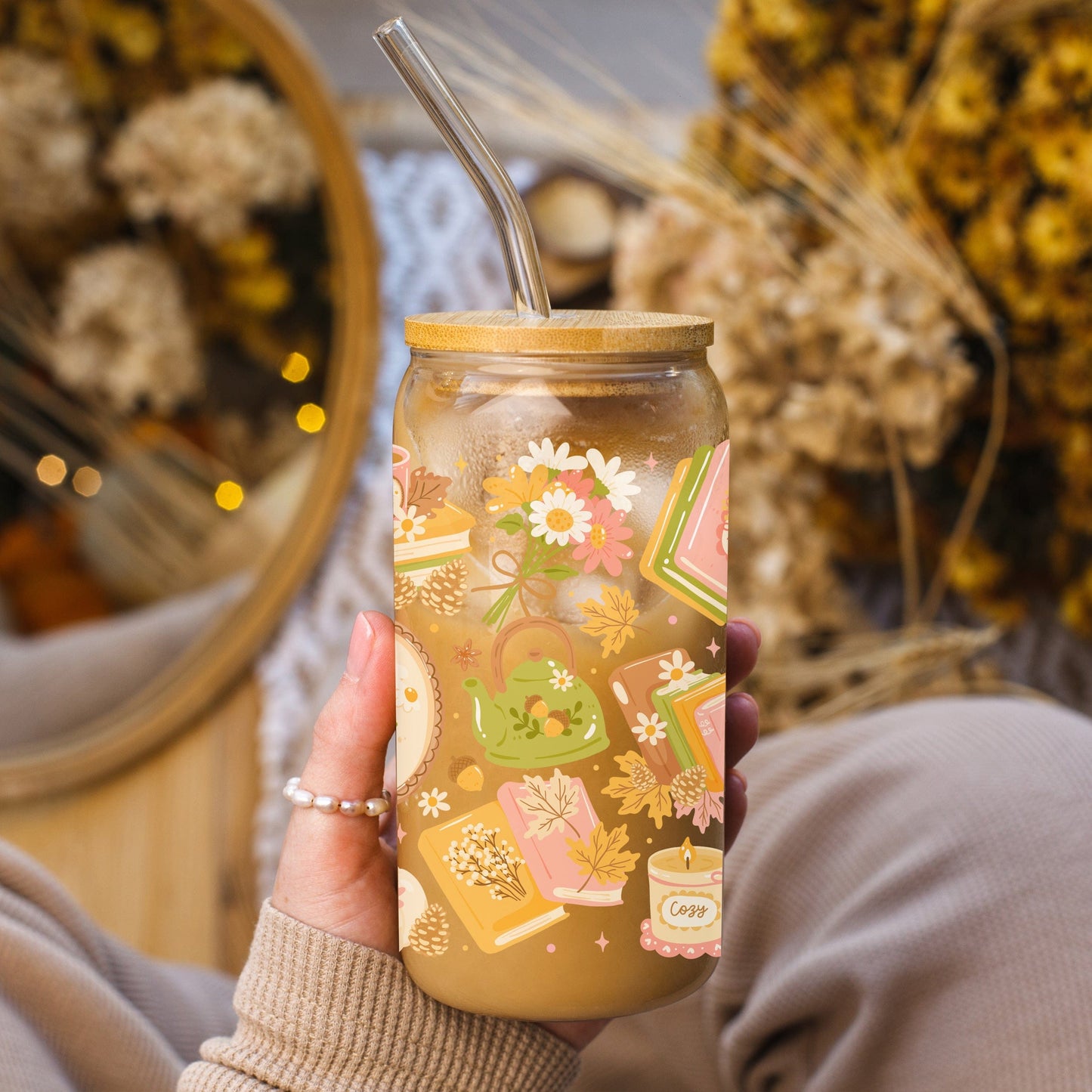 Fall Bookish Glazen Beker 500 ml – met deksel & rietje