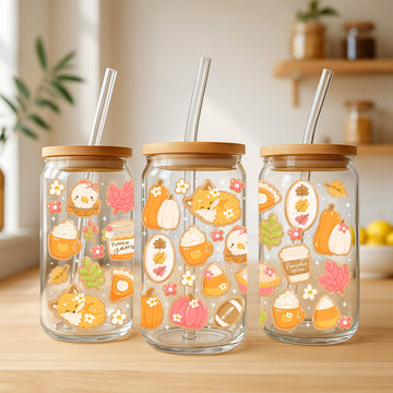 Fall Sugar Cookies Glazen Beker 500 ml met Deksel & Rietje