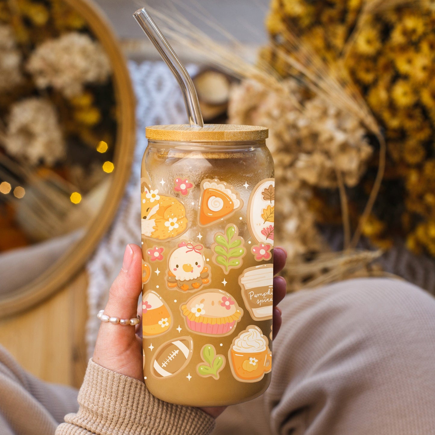 Fall Sugar Cookies Glazen Beker 500 ml met Deksel & Rietje