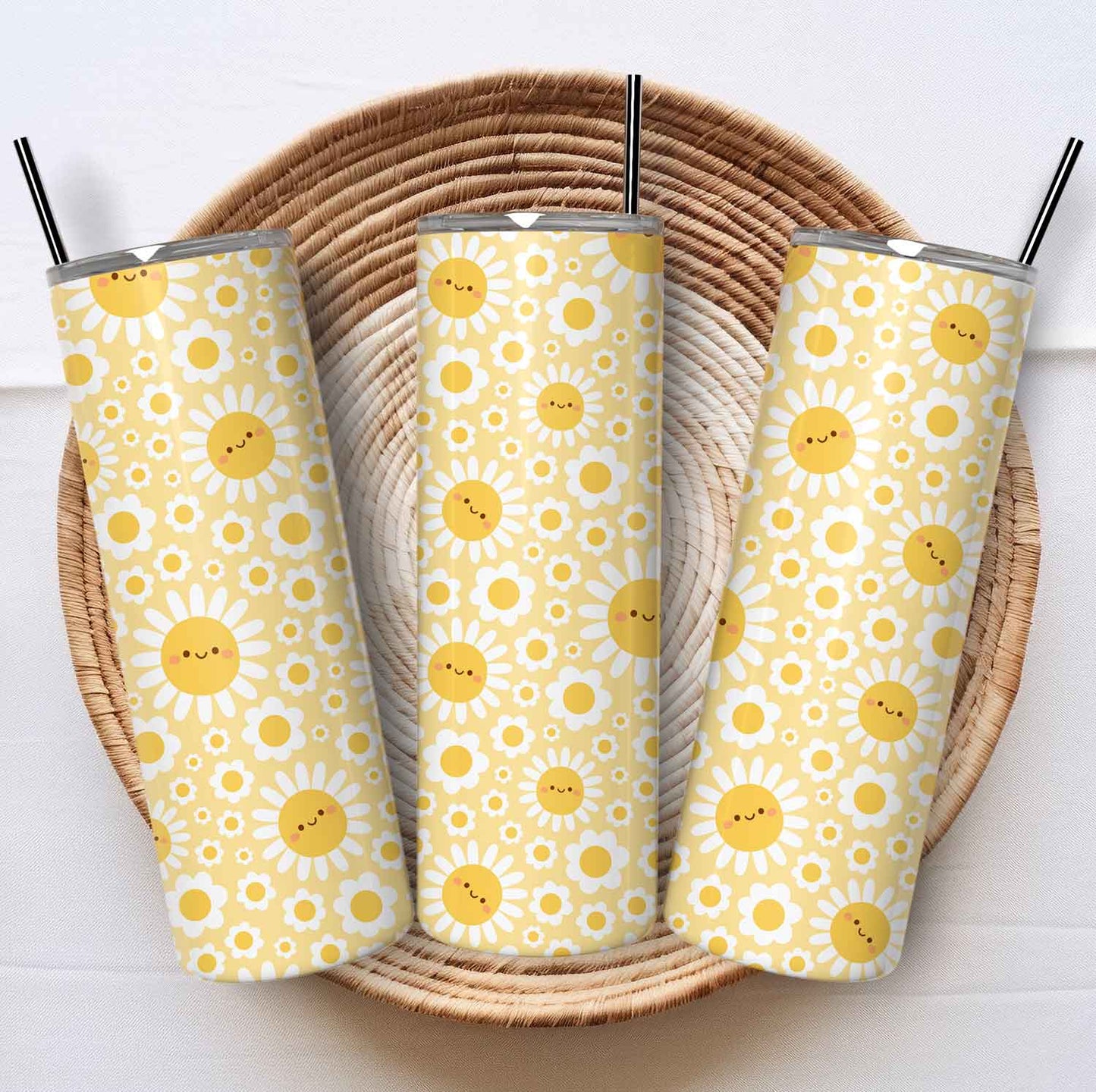 Gele Tumbler met Smiley Bloemen – Breng Vrolijkheid in je Dag!