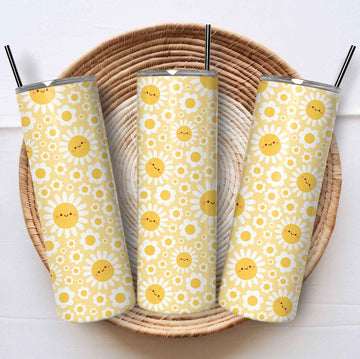 Gele Tumbler met Smiley Bloemen – Breng Vrolijkheid in je Dag!