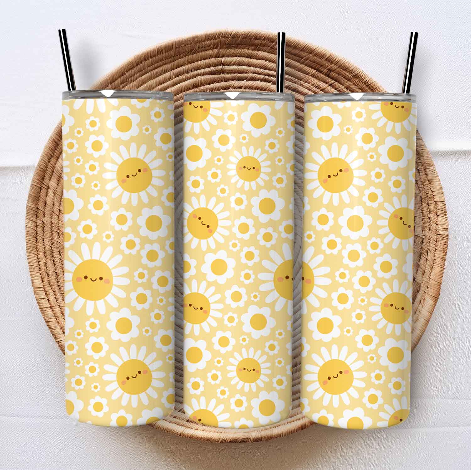 Gele Tumbler met Smiley Bloemen – Breng Vrolijkheid in je Dag!