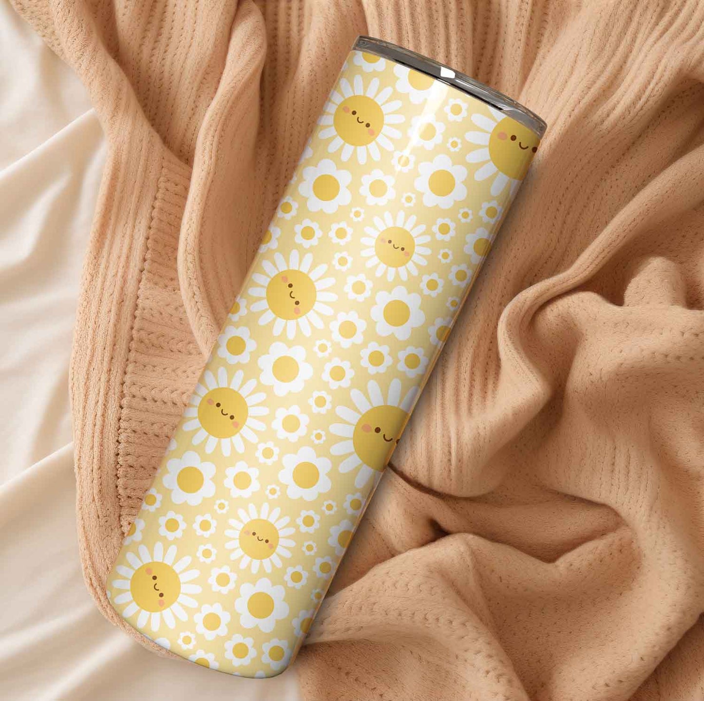 Gele Tumbler met Smiley Bloemen – Breng Vrolijkheid in je Dag!