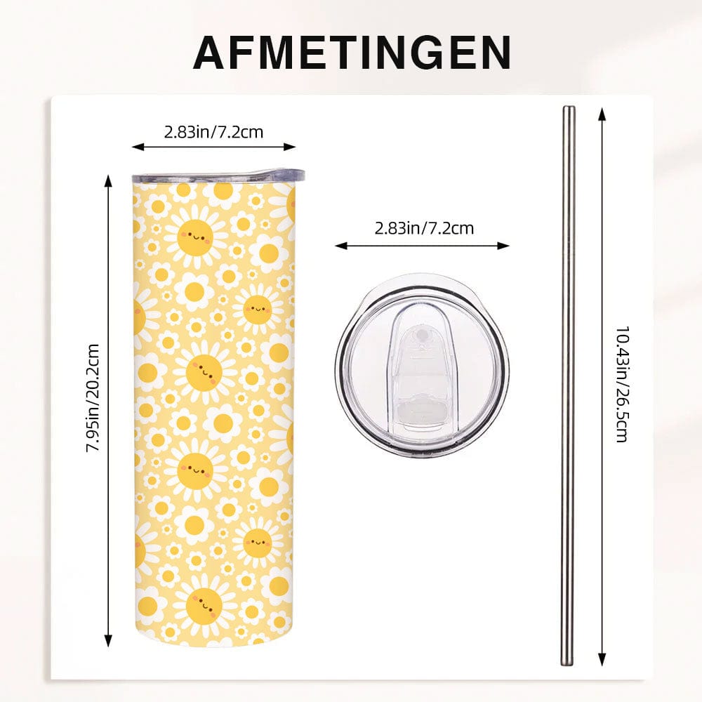 Gele Tumbler met Smiley Bloemen – Breng Vrolijkheid in je Dag!