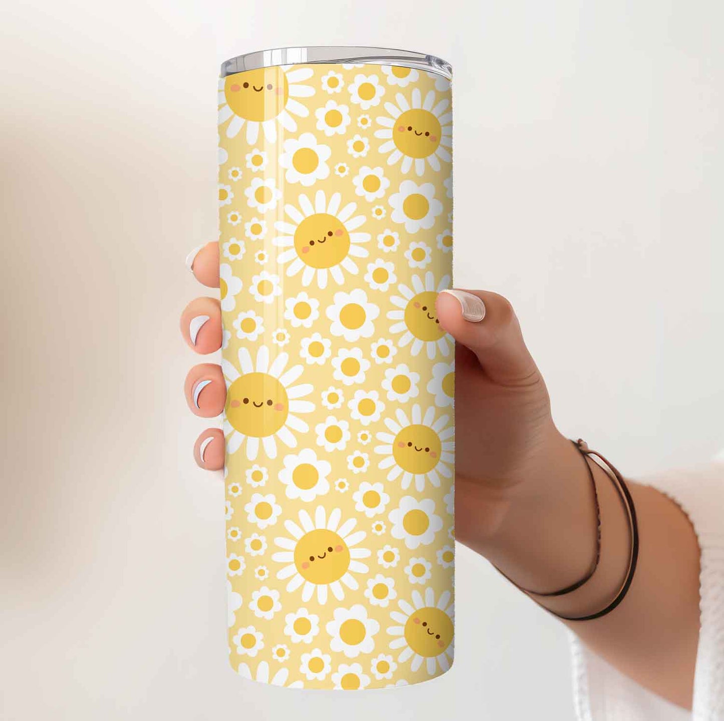 Gele Tumbler met Smiley Bloemen – Breng Vrolijkheid in je Dag!