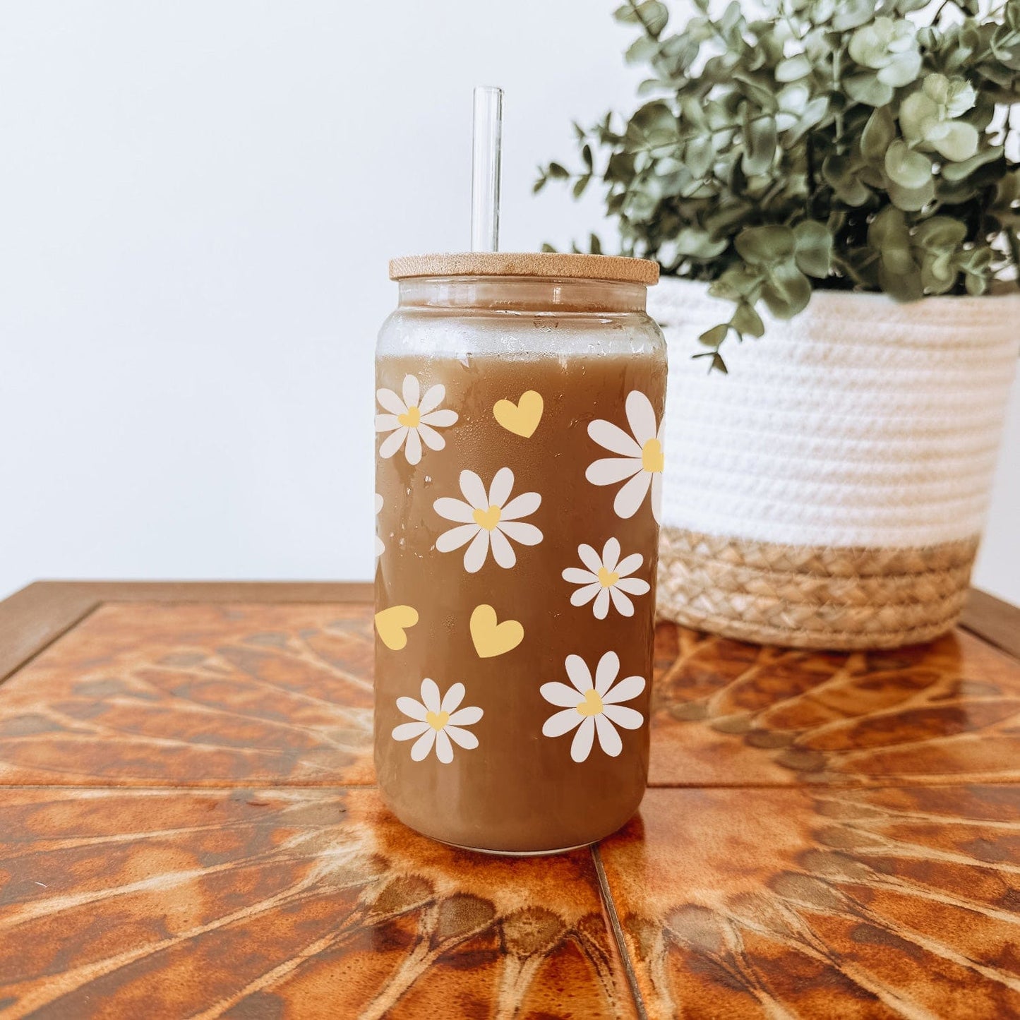 Glazen Drinkbeker met Bloemetjes en Gele Hartjes