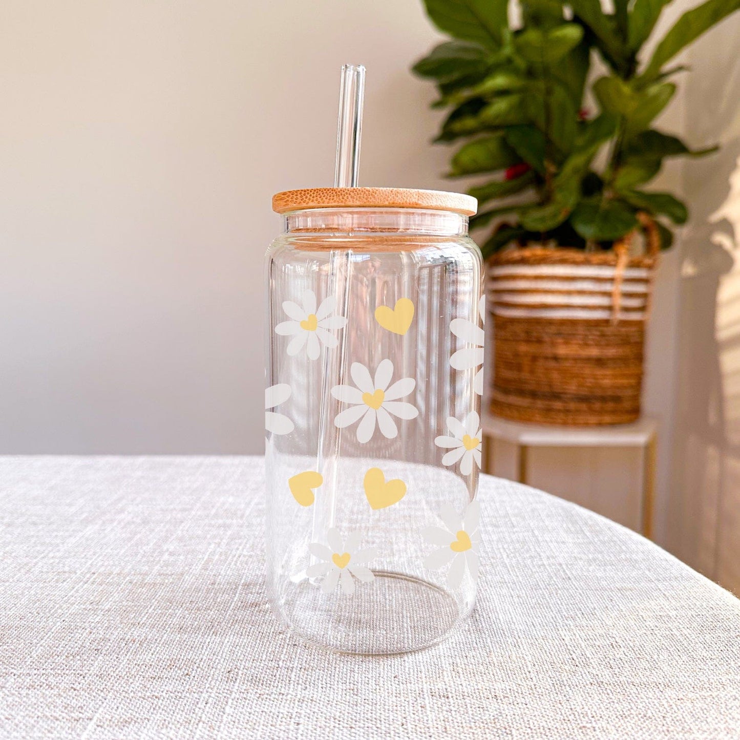 Glazen Drinkbeker met Bloemetjes en Gele Hartjes