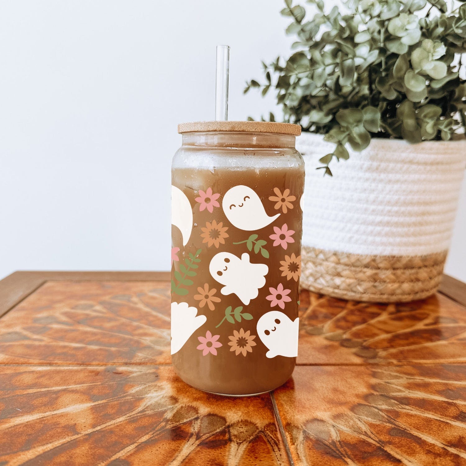 Glazen Drinkbeker met Bloemetjes en Schattige Spookjes Patroon