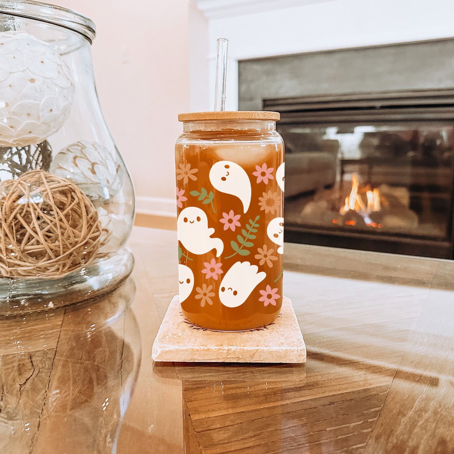 Glazen Drinkbeker met Bloemetjes en Schattige Spookjes Patroon