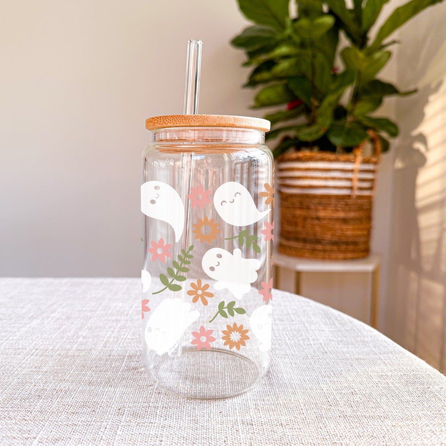 Glazen Drinkbeker met Bloemetjes en Schattige Spookjes Patroon