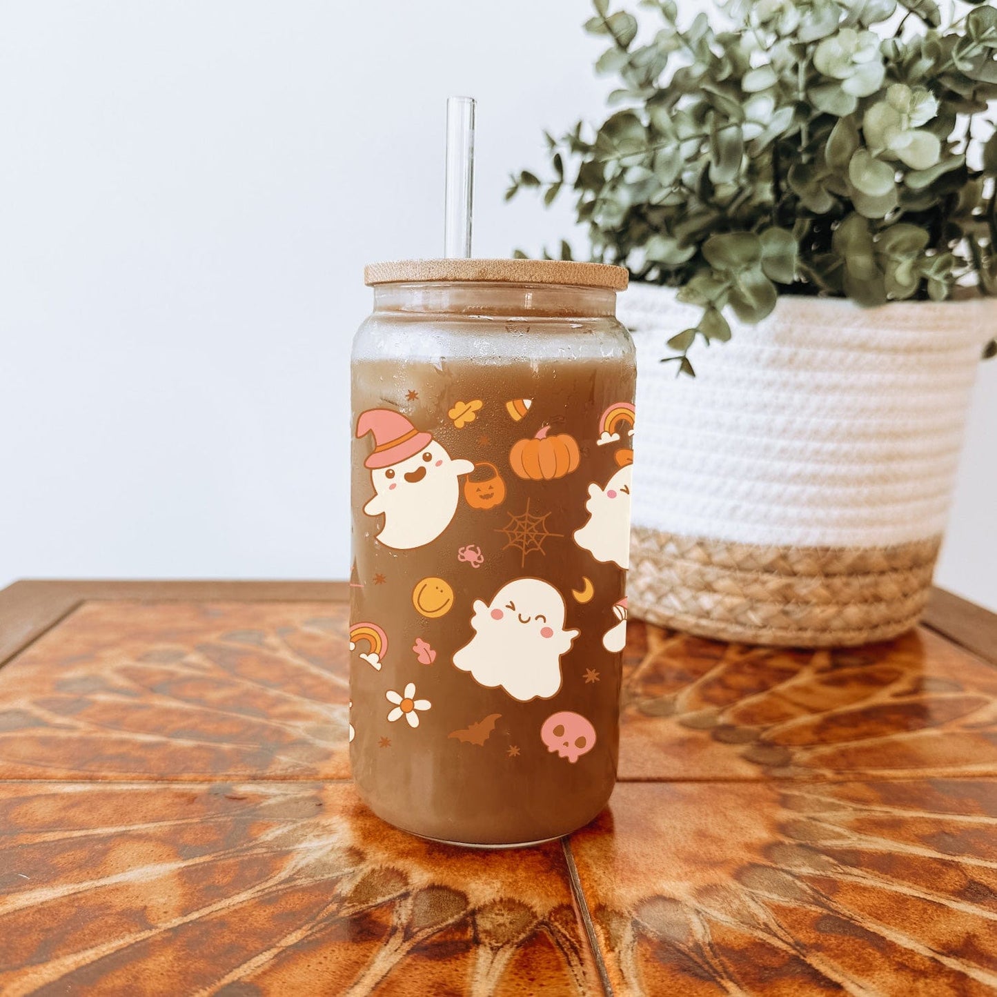 Glazen Drinkbeker met Schattige Spookjes en Pompoenen Patroon