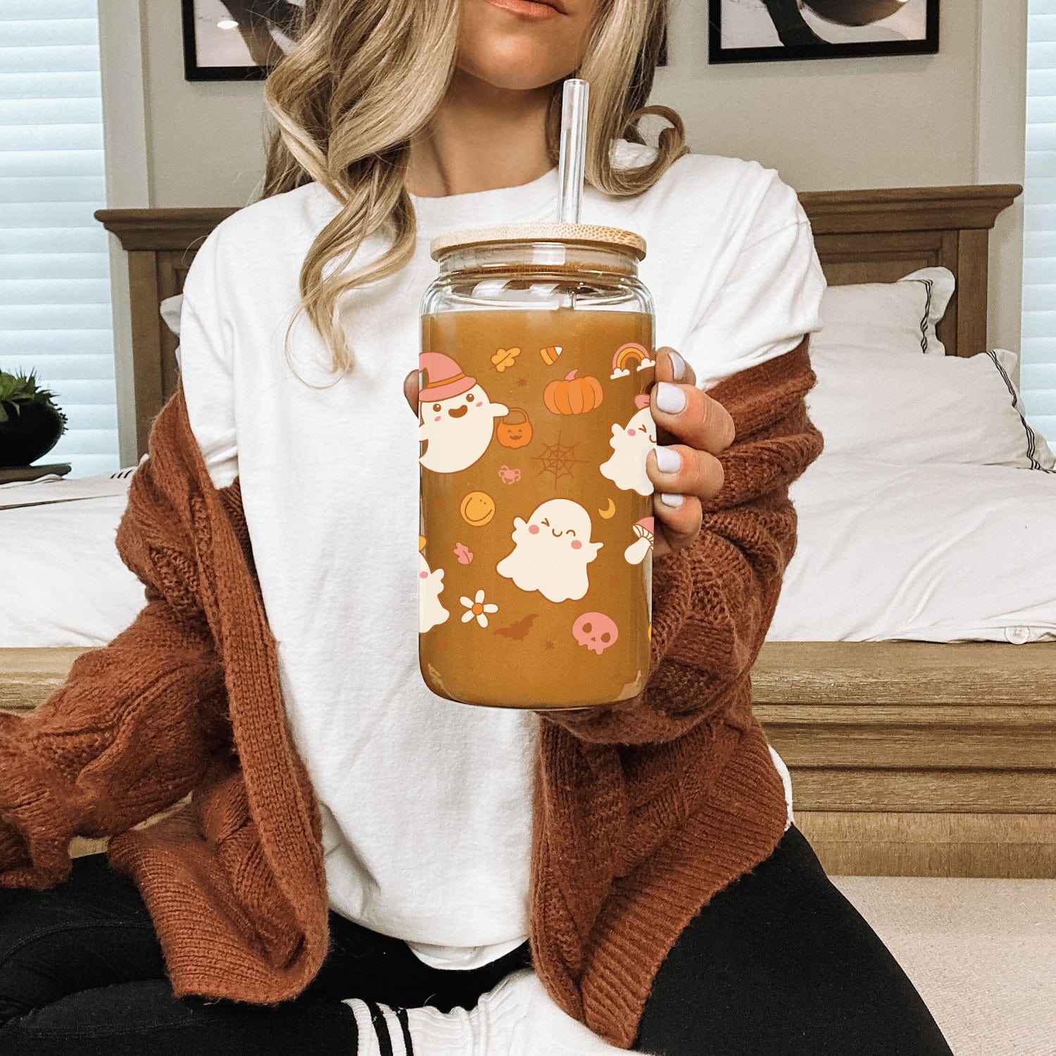 Glazen Drinkbeker met Schattige Spookjes en Pompoenen Patroon