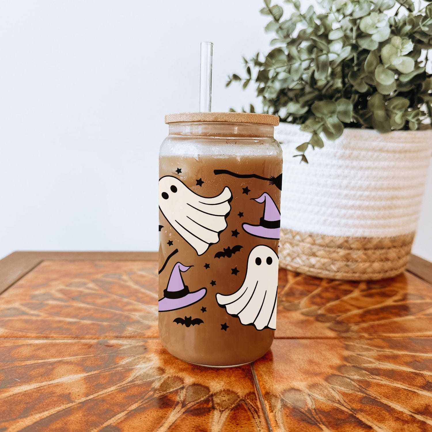 Glazen Drinkbeker met Spookjes, Heksenhoedjes en Bezems
