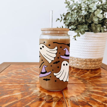 Glazen Drinkbeker met Spookjes, Heksenhoedjes en Bezems
