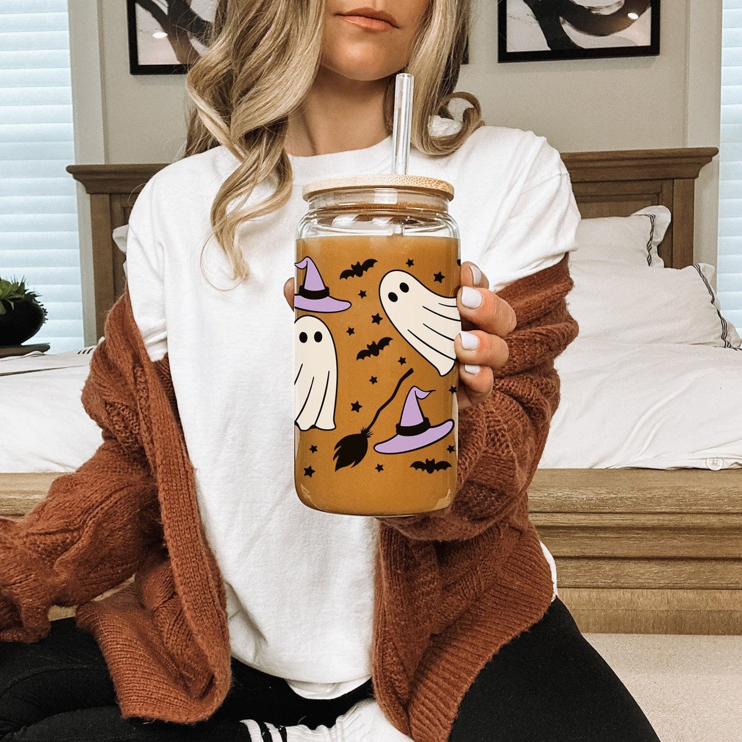 Glazen Drinkbeker met Spookjes, Heksenhoedjes en Bezems
