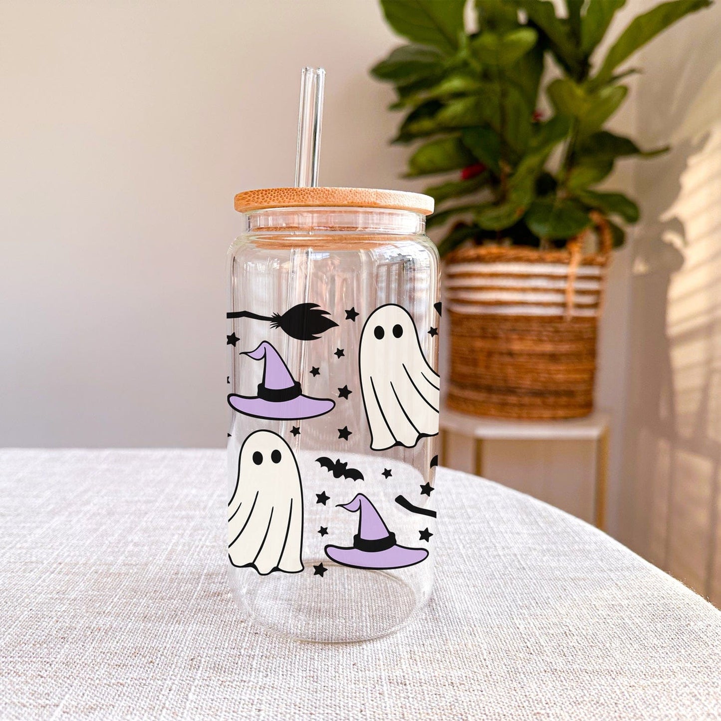 Glazen Drinkbeker met Spookjes, Heksenhoedjes en Bezems