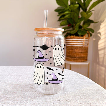Glazen Drinkbeker met Spookjes, Heksenhoedjes en Bezems