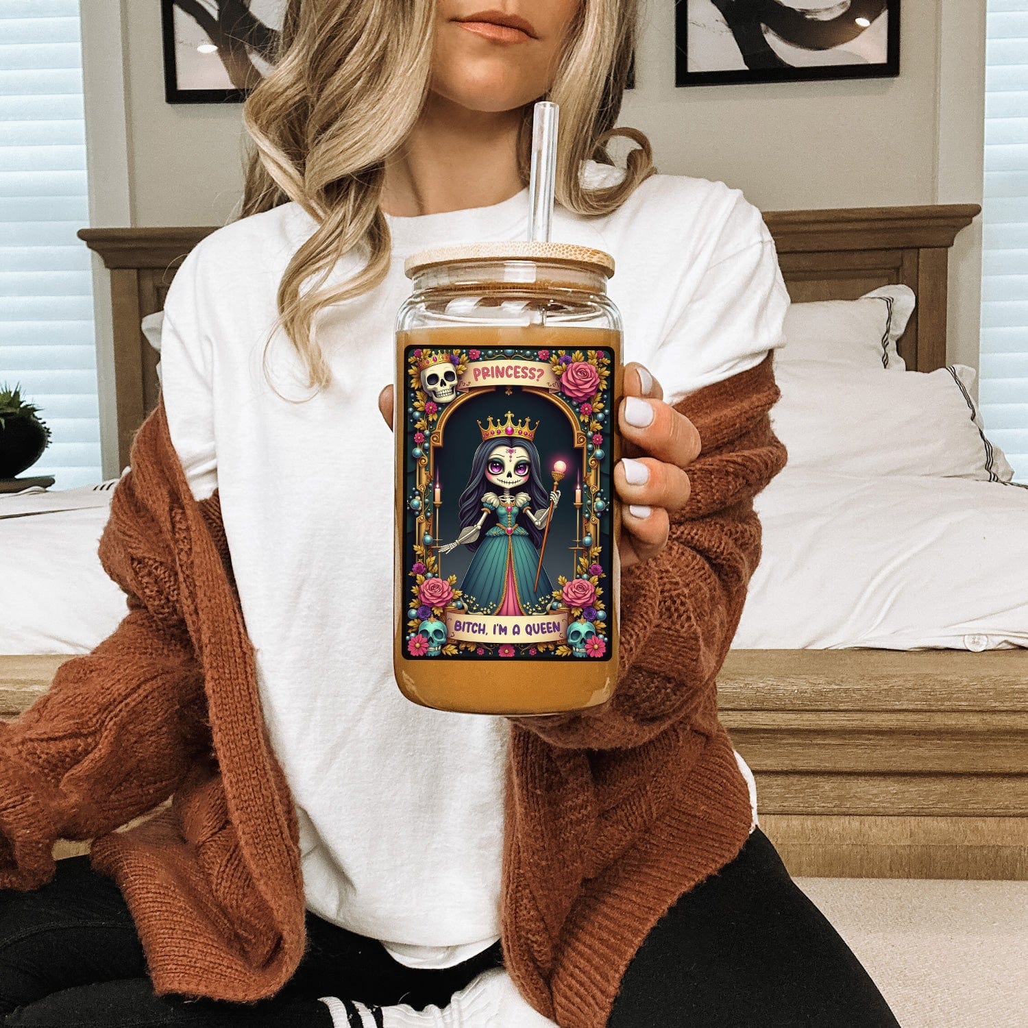 Glazen Drinkbeker "Princess? Bitch I'm a Queen" met Rietje en Deksel
