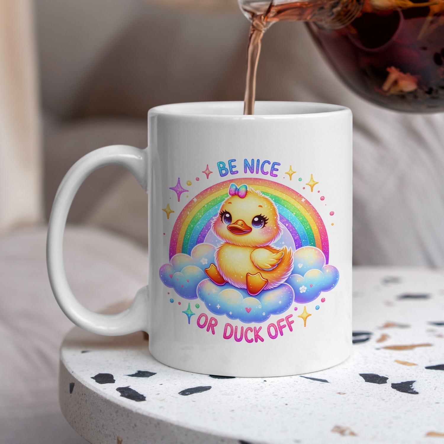 Grappige mok met eendje 325 ml met Tekst "Be Nice or Duck Off"