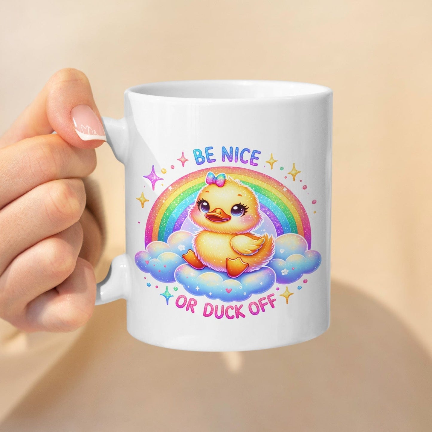 Grappige mok met eendje 325 ml met Tekst "Be Nice or Duck Off"