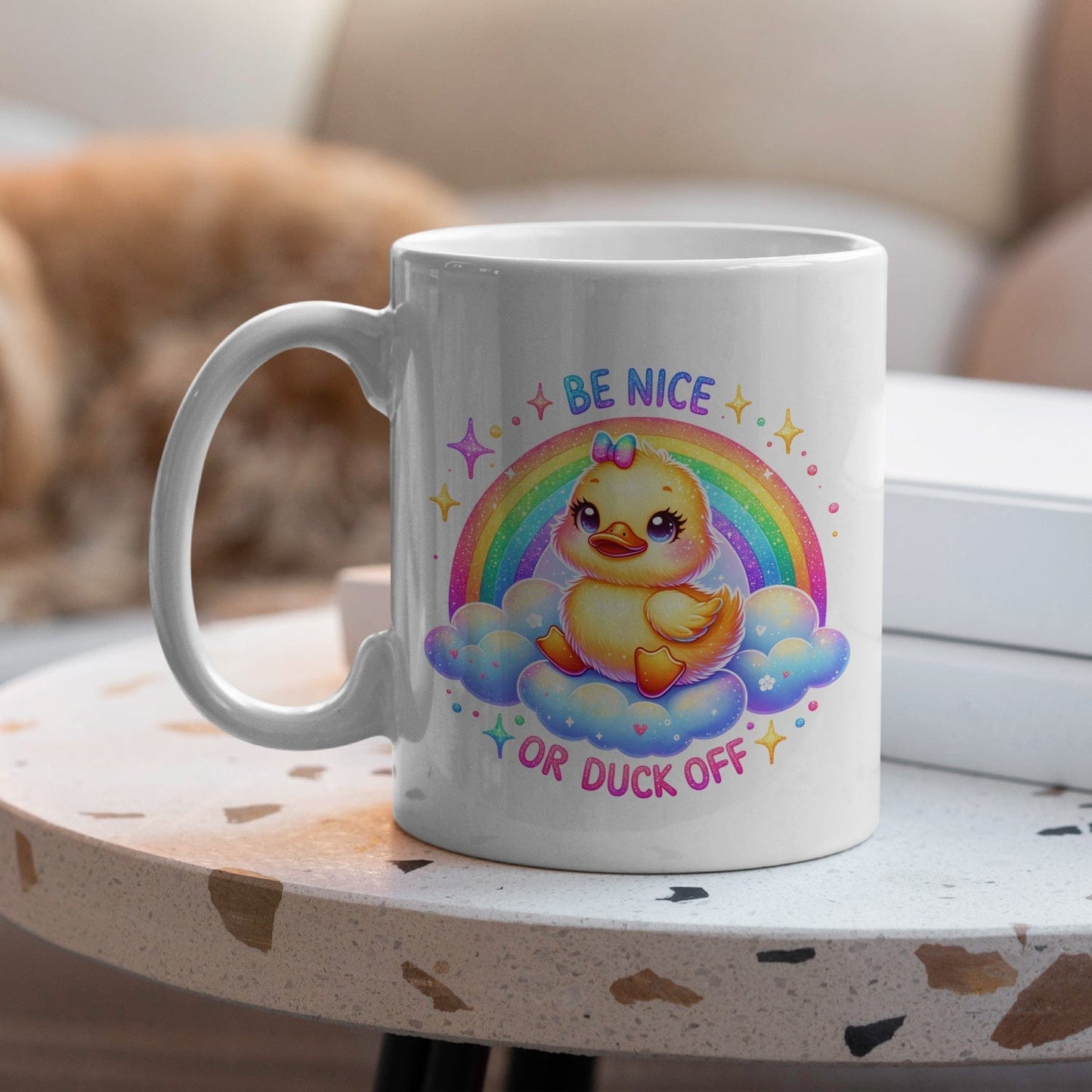 Grappige mok met eendje 325 ml met Tekst "Be Nice or Duck Off"