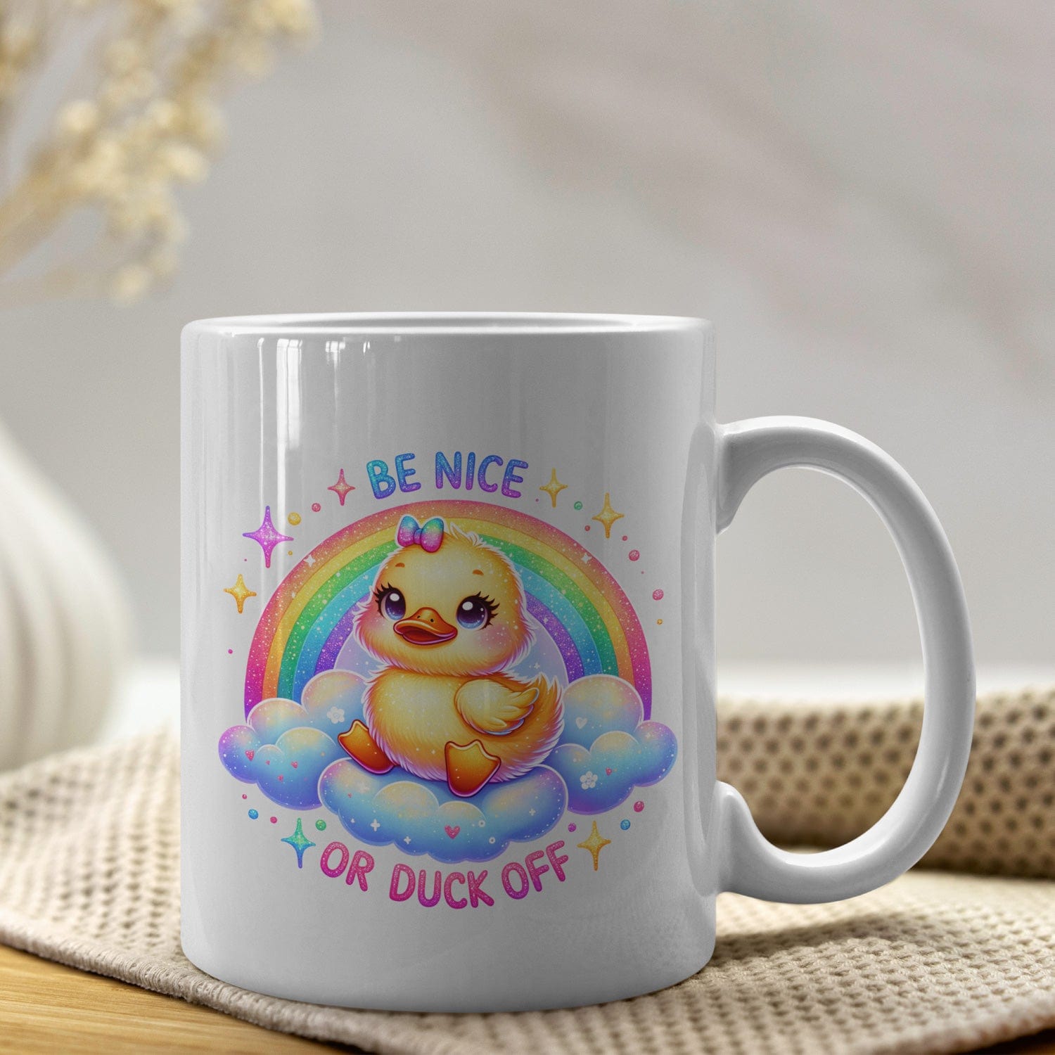 Grappige mok met eendje 325 ml met Tekst "Be Nice or Duck Off"