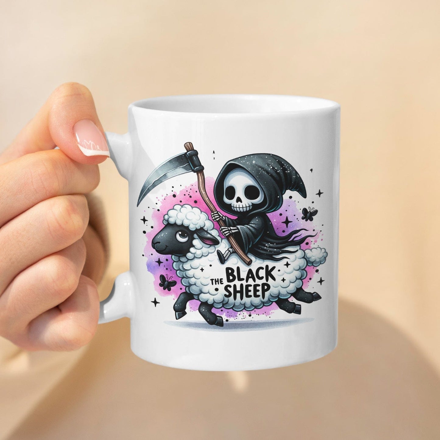 Grappige Mok met Grim Reaper op Schaap en Tekst "The Black Sheep"