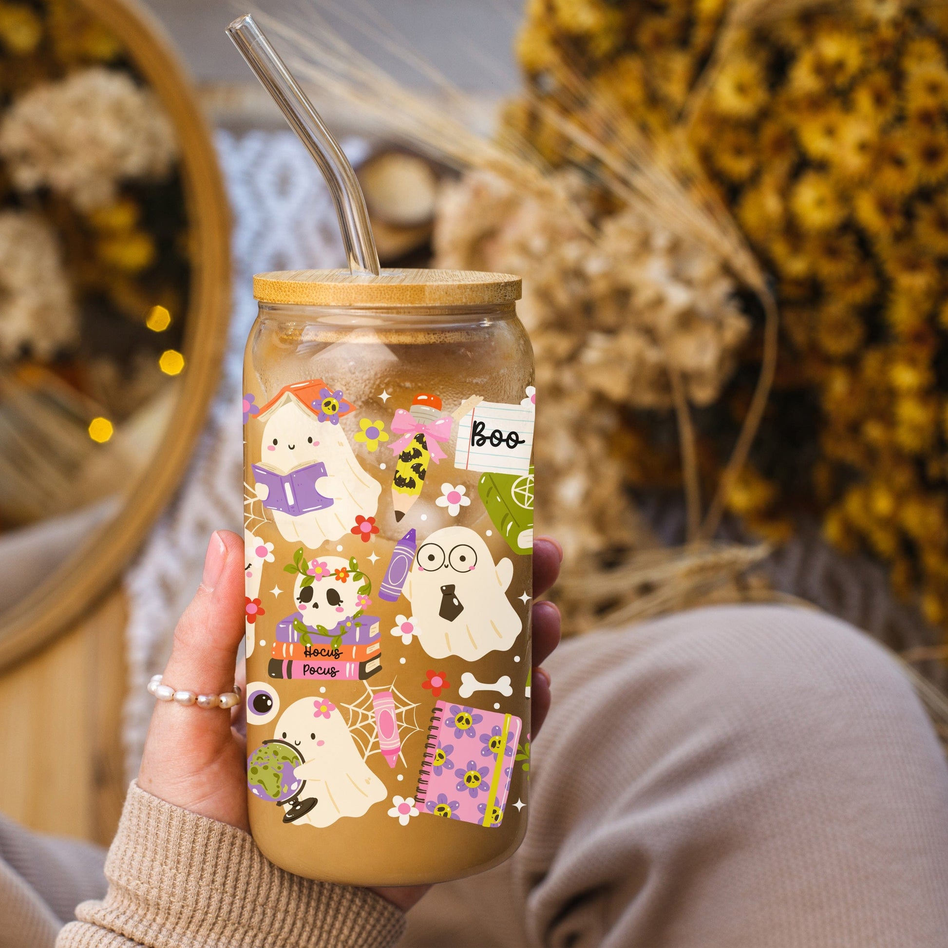 Halloween Back to School Glazen Beker 500 ml met Deksel & Rietje