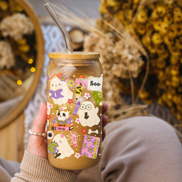 Halloween Back to School Glazen Beker 500 ml met Deksel & Rietje