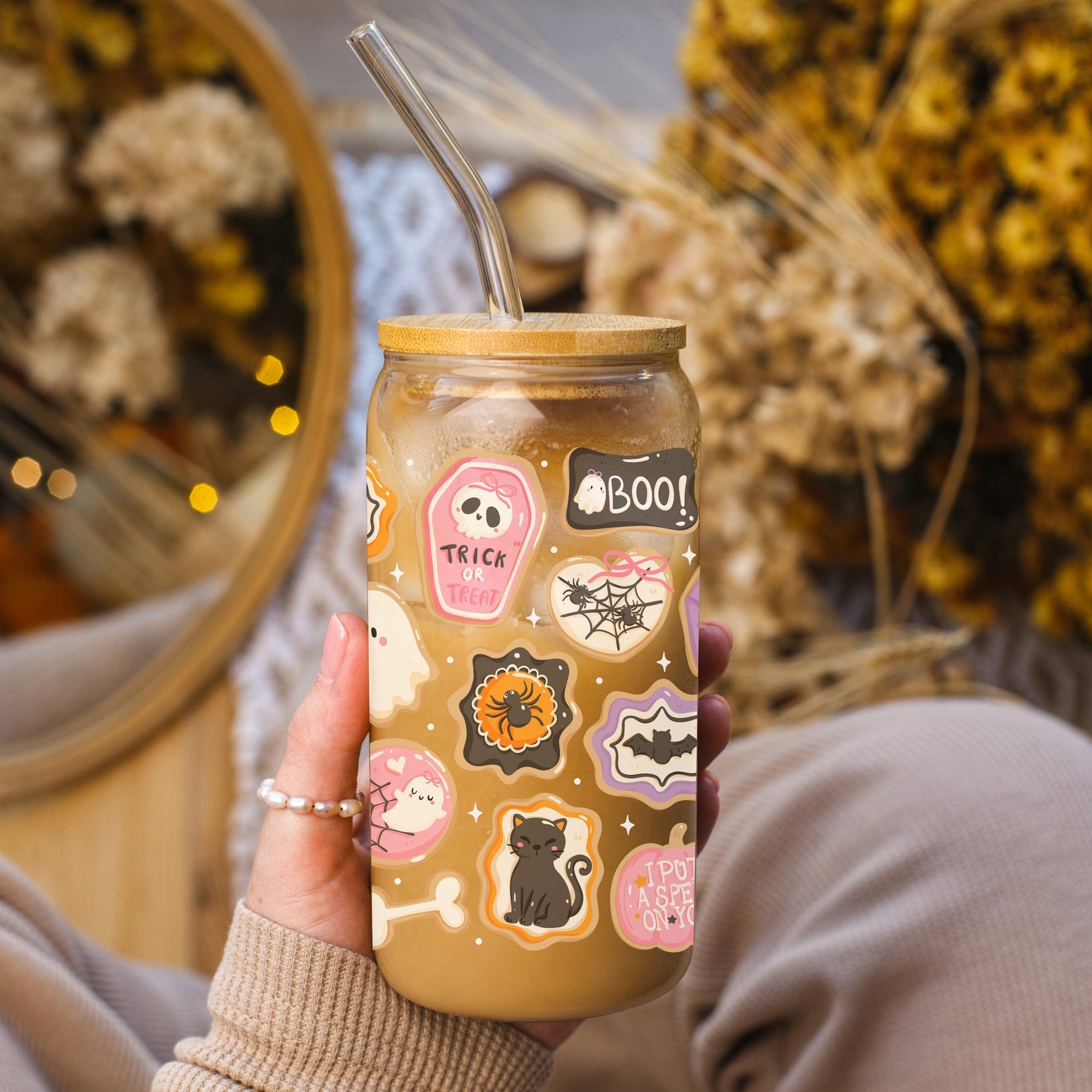 Halloween Sugar Cookies Glazen Beker 500 ml met Deksel & Glazen Rietje