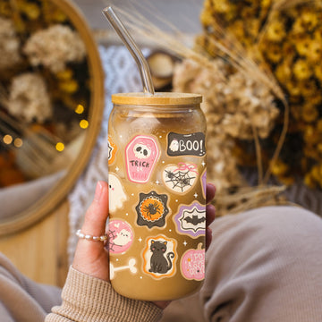 Halloween Sugar Cookies Glazen Beker 500 ml met Deksel & Glazen Rietje