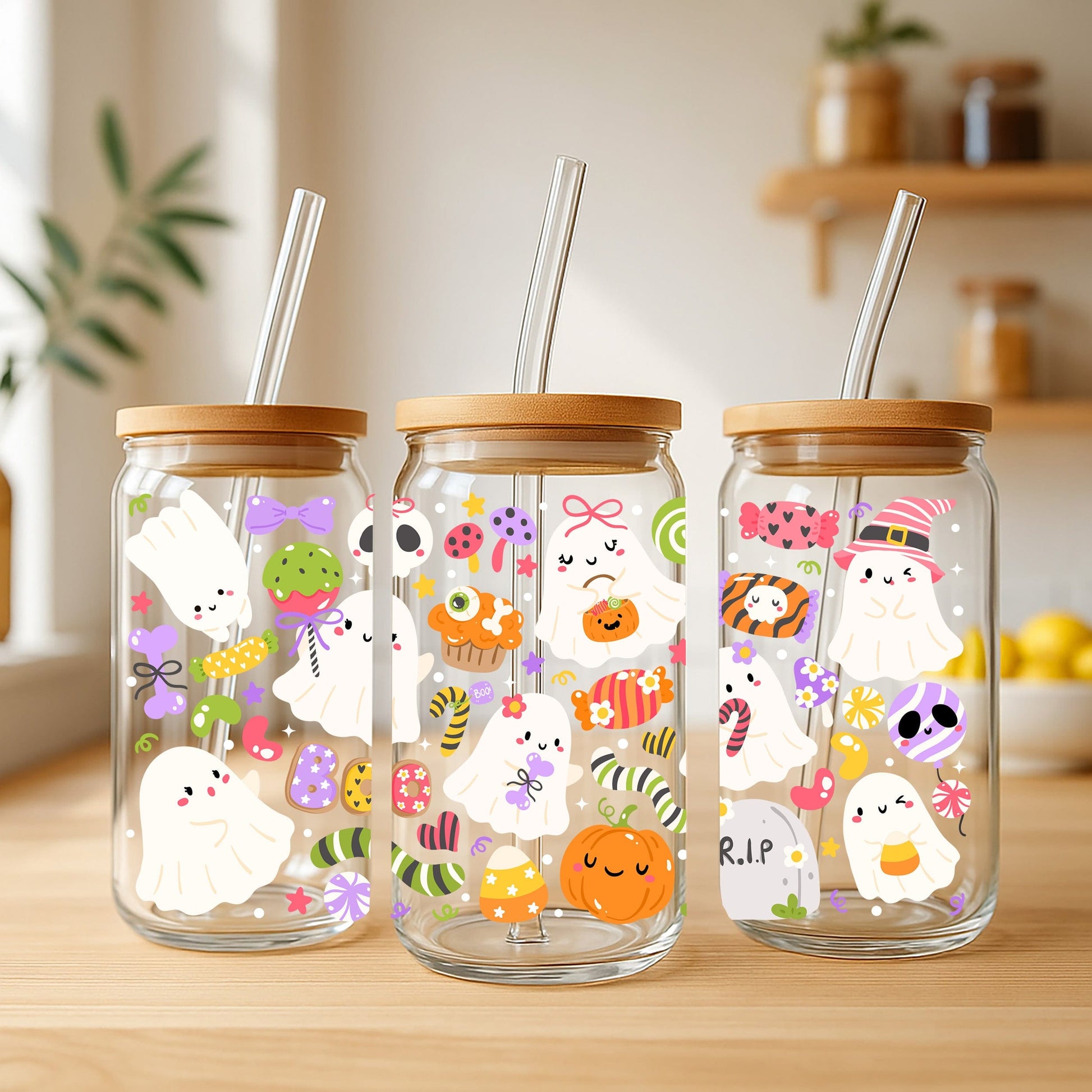 Halloween Trick or Treat Glazen Beker 500 ml met Deksel & Glazen Rietje