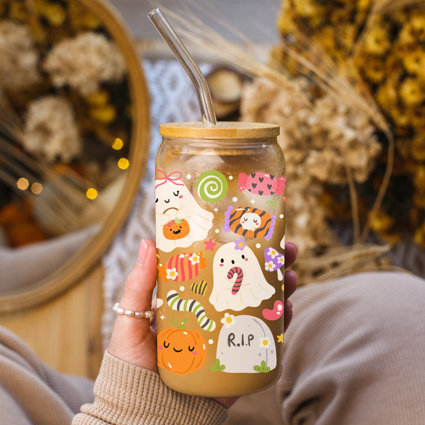 Halloween Trick or Treat Glazen Beker 500 ml met Deksel & Glazen Rietje