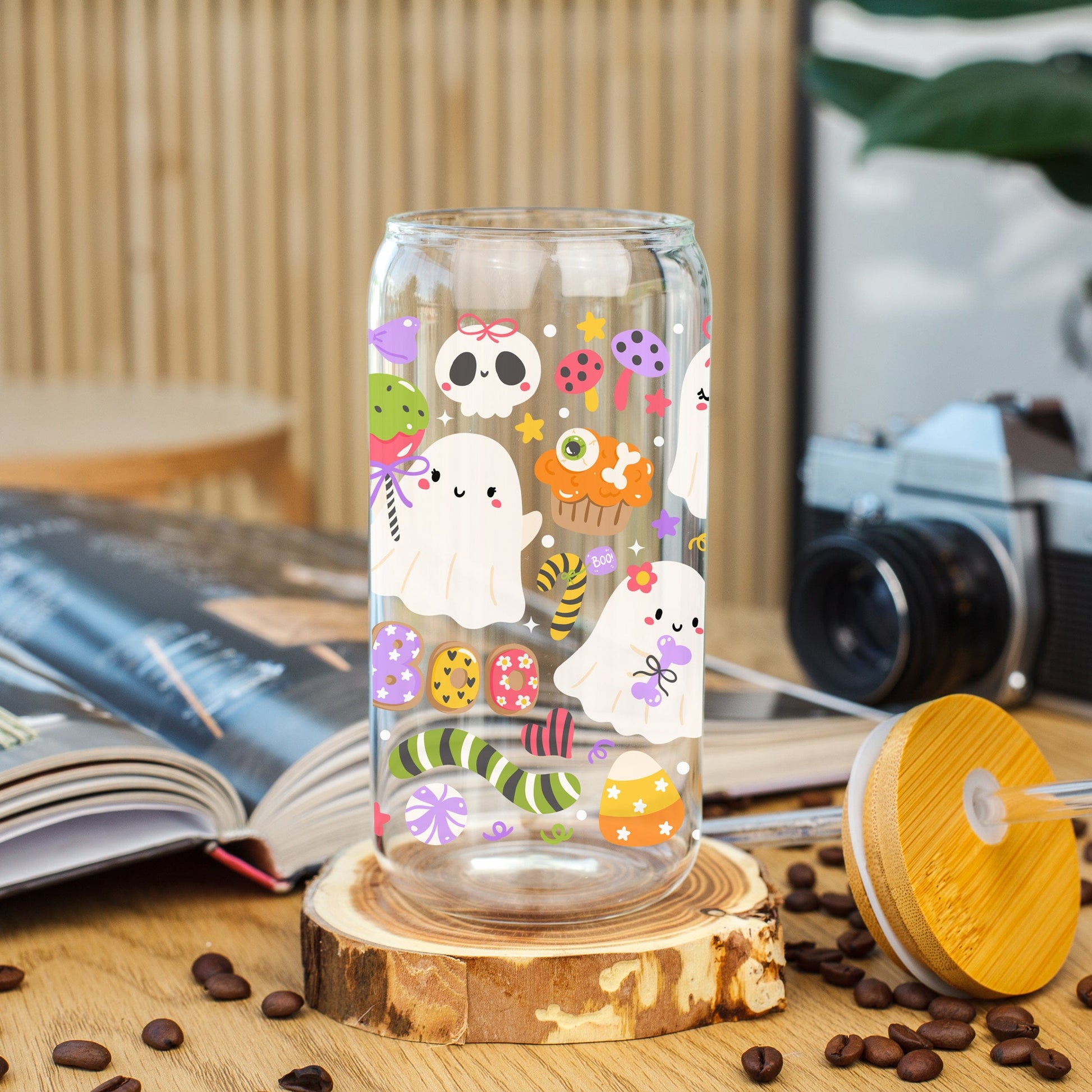 Halloween Trick or Treat Glazen Beker 500 ml met Deksel & Glazen Rietje